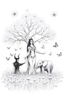 Madusa with maleficent standing under a poisonous tree pointing to an elephant in a feild of dandelions and butterflies  tattoo design idea