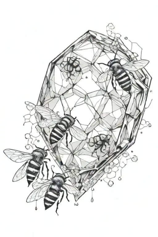 rough diamond, broken open to reveal  honey comb inside and honey dripping down, with 3 honey bees circling above tattoo design idea
