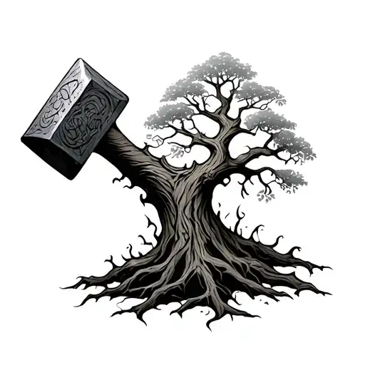 norse tree growing from thor's hammer  tattoo design idea