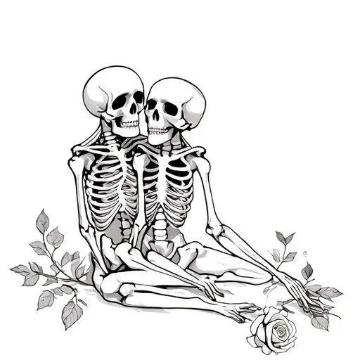 2 skeletons hugging each other while connected to vines of a rose at their feet tattoo design idea