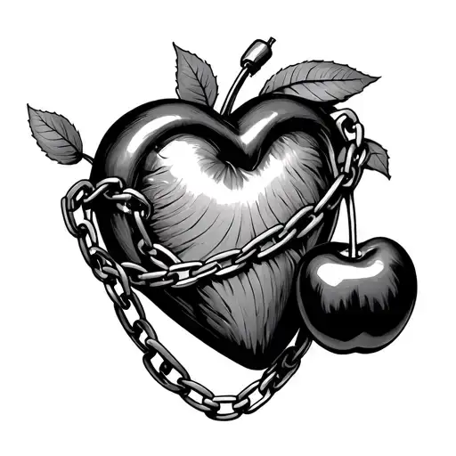cherries and heart organ wrapped by chains tattoo design idea