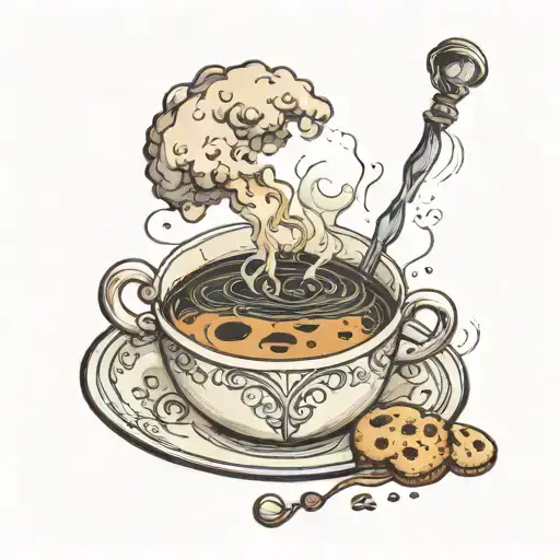 teacup with steam forming the shape of the moon with a pipe and a cookie tattoo design idea