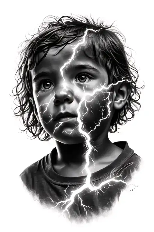 child with lightning on the side of the face, on fire tattoo design idea