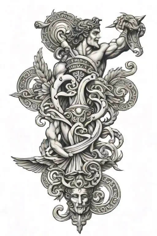Greek tattoo with the symbol of each gods of Olympus, connected  tattoo design idea