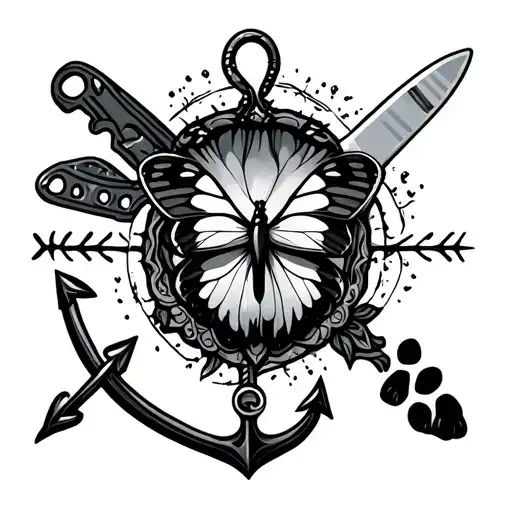 butterfly + butcher knife + dog footprint + sea anchor + coffin + door. tattoo design idea