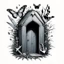 butterfly + butcher knife + dog footprint + sea anchor + coffin + door. tattoo design idea