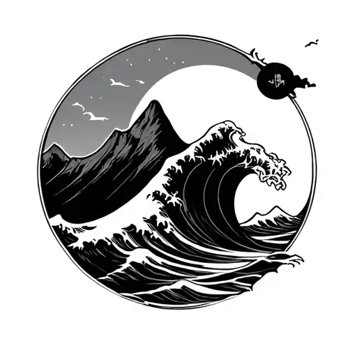 mountain wave sun broken surfboard minimalist tattoo design idea