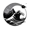 mountain wave sun broken surfboard minimalist tattoo design idea