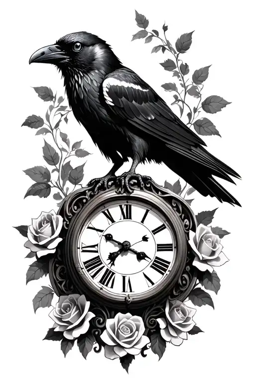Raven facing left perched in front of an ornate clock with roses at the base tattoo design idea