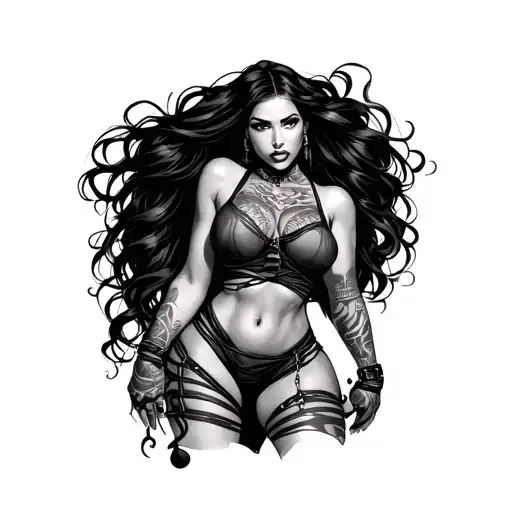 a big breasted, big butt, slim waist latina woman in bondage tattoo design idea
