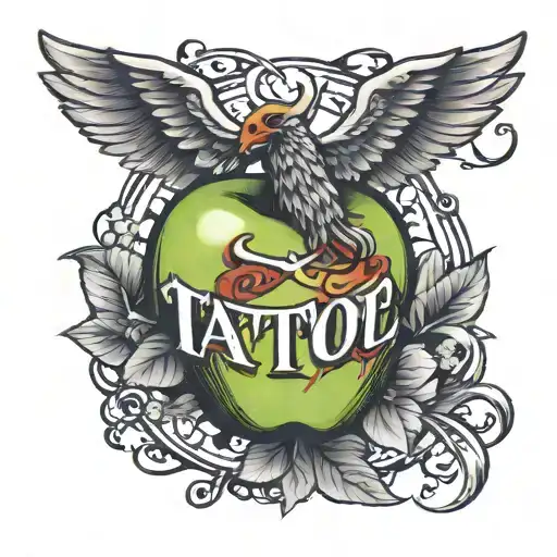 tattoo with the name Apple with some bbq wings spread wide tattoo design idea