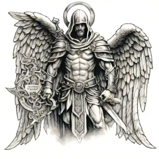 hooded archangel Michael with bible verses on wings and sword tattoo design idea