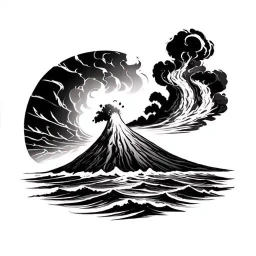 The Ile of Reunion with a cyclone on the left and the volcano in eruption tattoo design idea