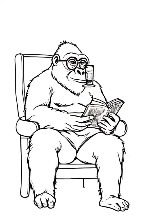 A gorila sitting down, wearing round glasses, with a glass of whisky on one hand, and a book in the other, reading tattoo design idea