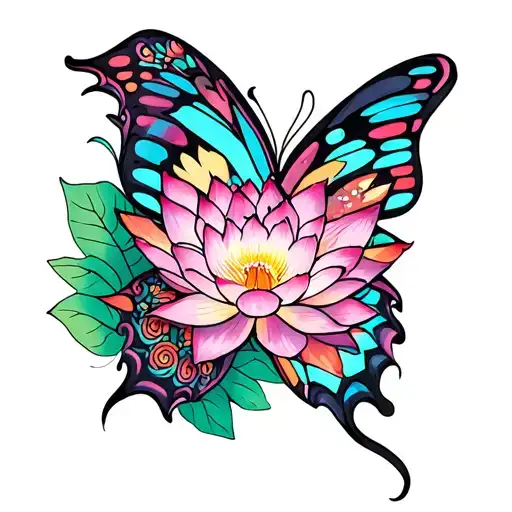 girl back butterfly lotus tattoo design idea