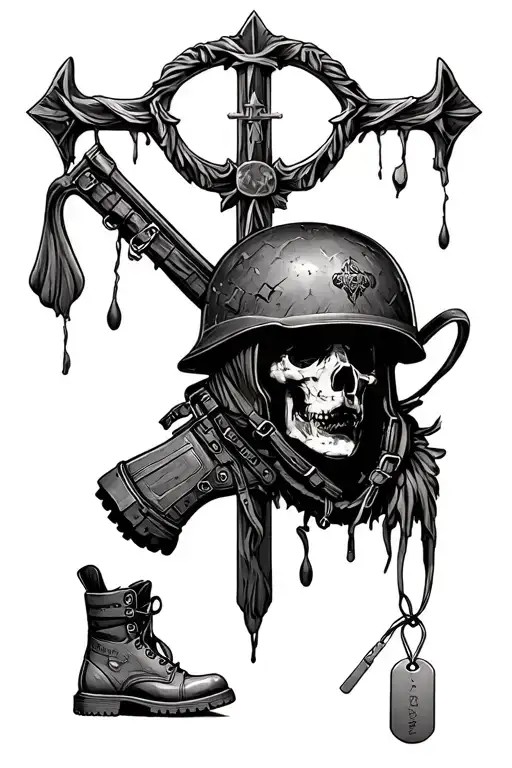 Battlefield cross with helmet combat boots and dogtags  tattoo design idea