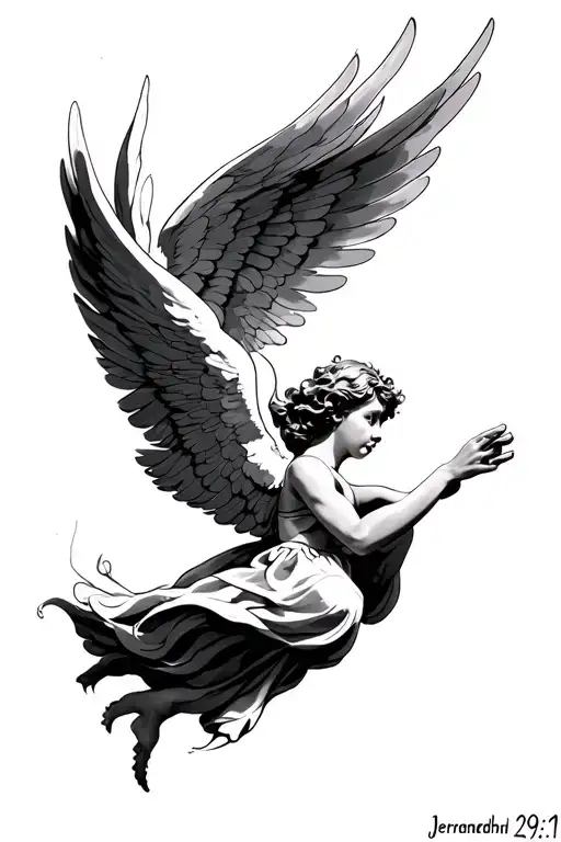 a guardian angel flying, god is greater than the highs and lows, Jeremiah 29:11. looking for these 3 to flow together.  tattoo design idea