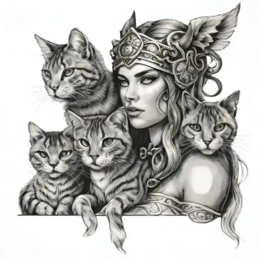 realistic Norse goddess Freya with cats tattoo design idea