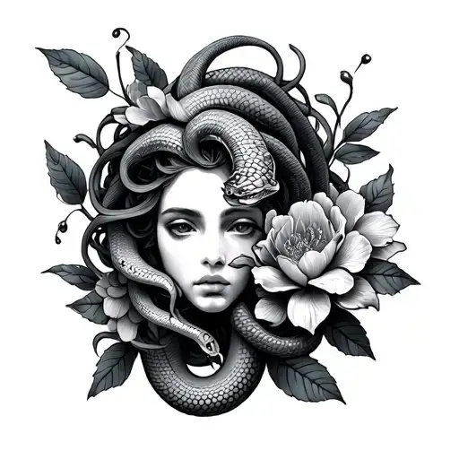 medusa snake and flower tattoo design idea