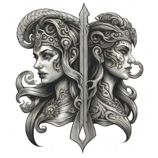 Gemini two faces, queen and female warrior tattoo design idea