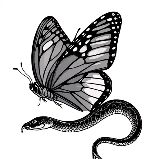 a butterfly that has a normal right wing and a left wing that is actually a snake that takes the shape of the wing tattoo design idea