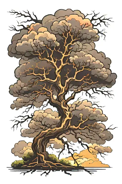 storm clouds lightning strike tree tattoo design idea
