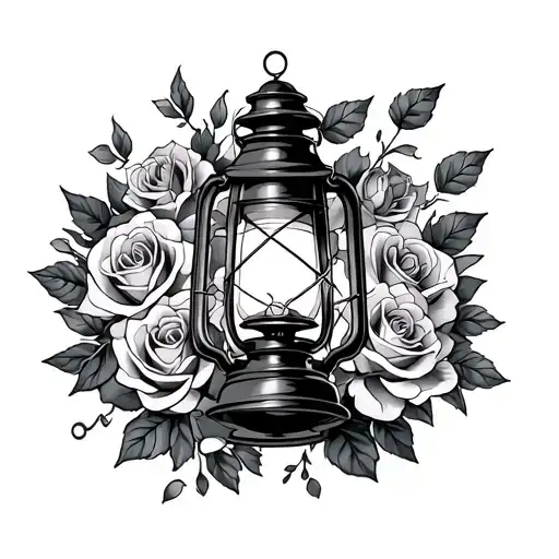 Neo trad lantern and roses surrounding tattoo design idea