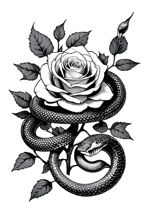 A snake wrapped around the stem of a Burning Rose Bush tattoo design idea