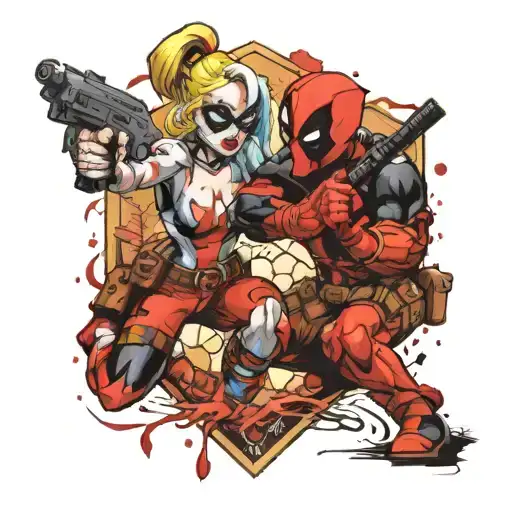 Harley Quinn and Deadpool fight scene tattoo design idea