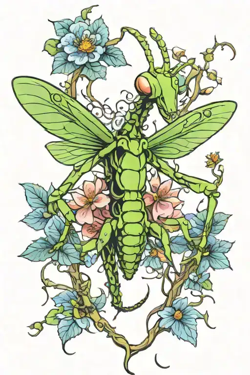 praying Mantis entwined with vines and flowers growing out, god of nature tattoo design idea
