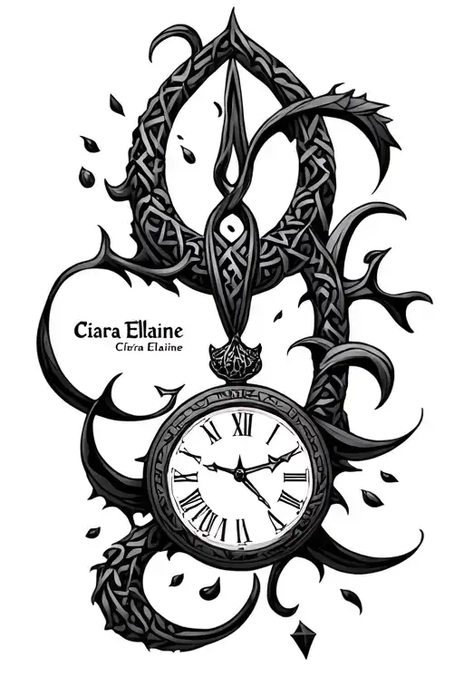 "Ciara Elaine" "Ciara Elaine" viking rune bobauna falling from a time piece featuring the name Ciara Elaine tattoo design idea
