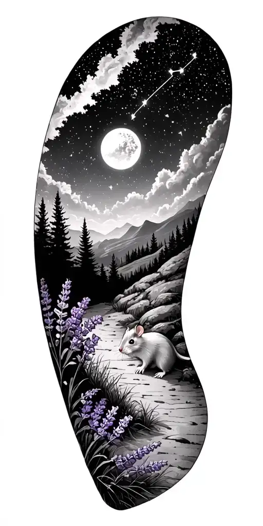 outdoor scene with forests, lavender and a small rat, under a starry night sky with Gemini constellation.  tattoo design idea