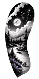 outdoor scene with forests, lavender and a small rat, under a starry night sky with Gemini constellation.  tattoo design idea