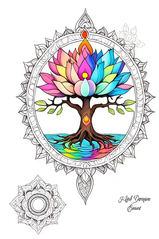Mandala Art Tree of Life with Lotus and Kundalini chakra tattoo design idea