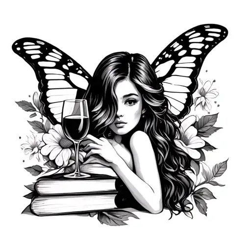 Books with woman facing her back while holding wine glass and has half butterfly wing and the other half is a flower win tattoo design idea
