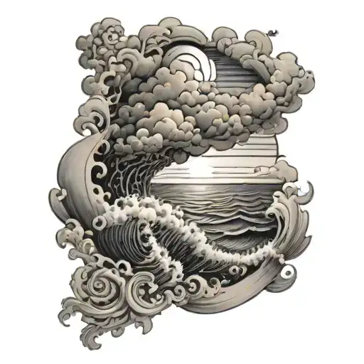 storm clouds with sun breaking through to stormy waters transitioning towards a beach sleeve tattoo design idea