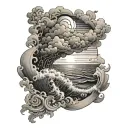 storm clouds with sun breaking through to stormy waters transitioning towards a beach sleeve tattoo design idea