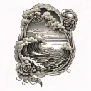 storm clouds with sun breaking through to stormy waters transitioning towards a beach sleeve tattoo design idea