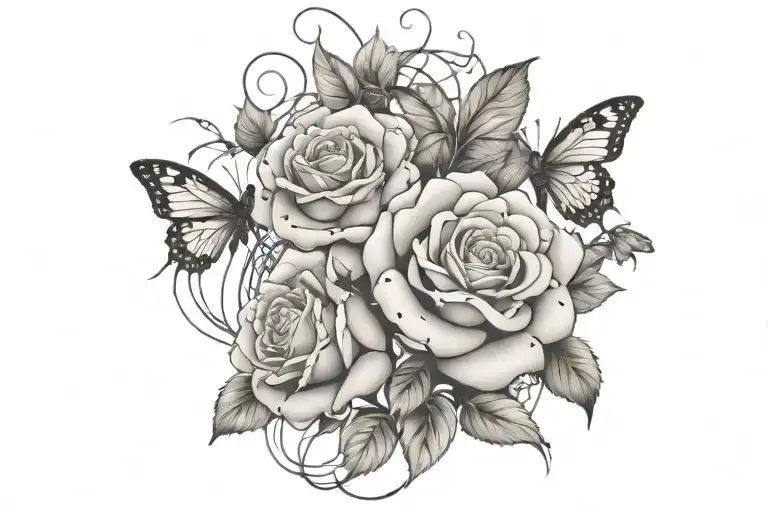  roses and butterflys barbed wire tattoo design idea