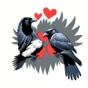 2 crows flying  holding hearts tattoo design idea