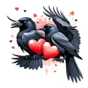 2 crows flying  holding hearts tattoo design idea