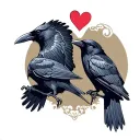 2 crows flying  holding hearts tattoo design idea