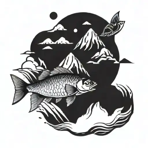 an islnad with a large moutain with a carp fish circuling around it in the water tattoo design idea