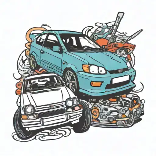 cartoon ford fiesta mk 5 and honda civic looking on ech other tattoo design idea