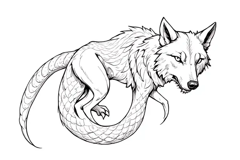 Tattoo design above the navel, forming a slightly arched bridge shape. A medieval serpentine wolf in three-quarter view tattoo design idea