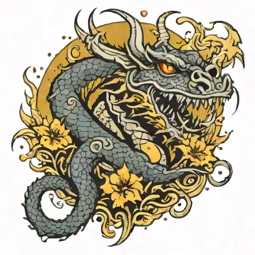 Dead dragon on a hoard of golden treasure, with foul smoke coming out of its nostrils tattoo design idea