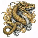 Dead dragon on a hoard of golden treasure, with foul smoke coming out of its nostrils tattoo design idea