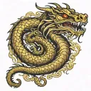 Dead dragon on a hoard of golden treasure, with foul smoke coming out of its nostrils tattoo design idea