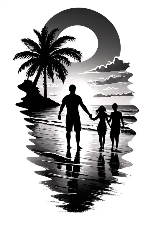 sunset beach scheme black sillhouete.  Girl, Man, Boy holding hands. Text para siempre underneath tattoo design idea