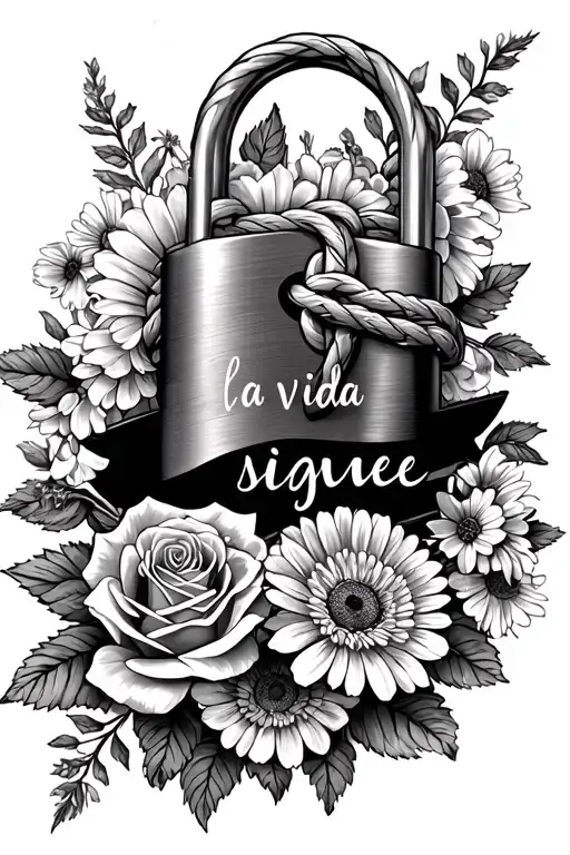 "la vida sigue" rope knot and lock surrounded with roses, chrysanthemum, aster and delphinium flowers  tattoo design idea